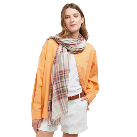 Barbour Summer Lonnen Checked Scarf in White Classic Tartan