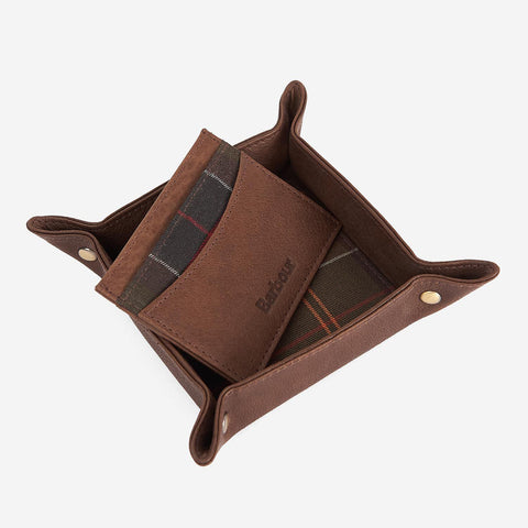 Barbour Leather Valet Tray and Card Holder in Classic Tartan/Brown