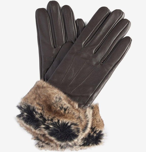 Barbour Women's Faux-Fur Trimmed Leather Gloves in Dark Brown