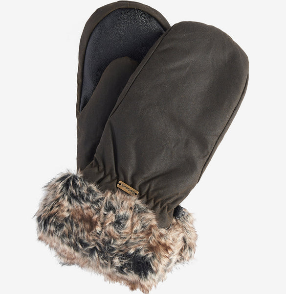 Barbour Women's Waxed Faux Fur Trimmed Mittens in Olive