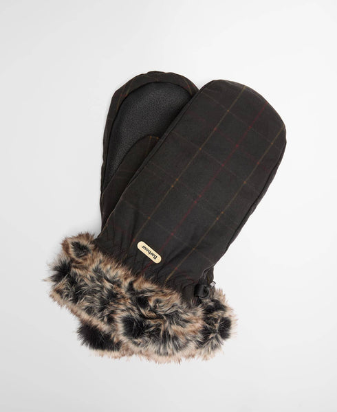 Barbour Women's Tartan Waxed Mittens in Dark Classic Tartan