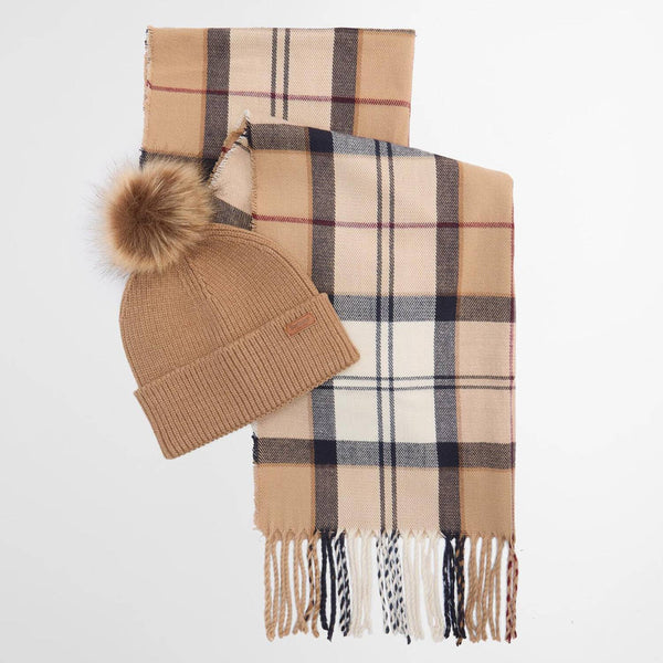 Barbour Dover Beanie & Hailes Scarf Gift Set in Hessian Tartan