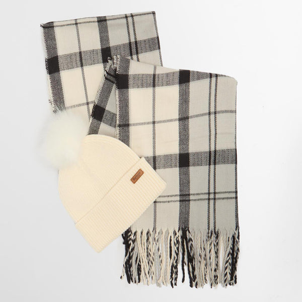 Barbour Women's Dover Beanie & Hailes Scarf Gift Set in Monochrome Tartan