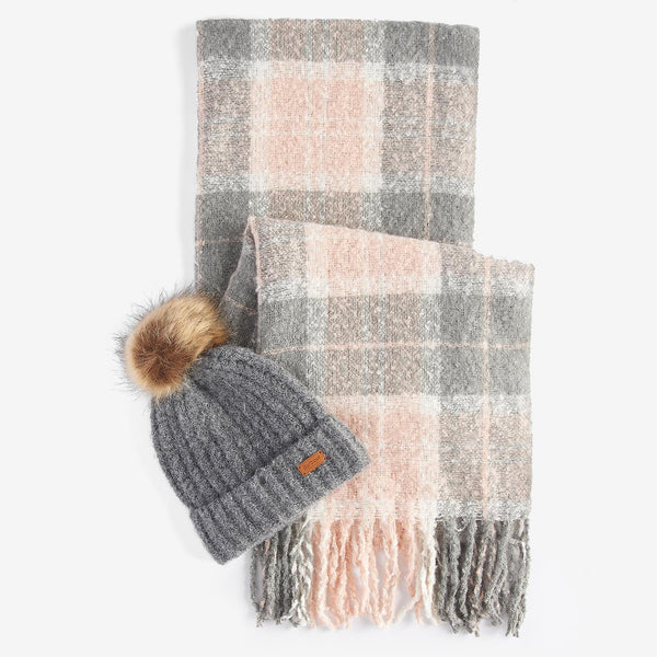 Barbour Women's Saltburn Beanie Hat and Scarf Gift Set in Grey/Rose