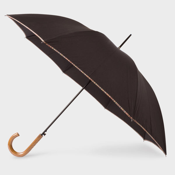 Paul Smith Men's Black 'Signature Stripe' Border Walker Umbrella With Wooden Handle