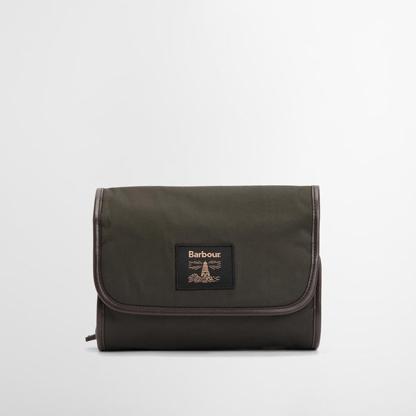 Barbour Waxed Hanging Washbag in Olive/Beacon