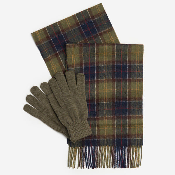 Barbour Tartan Scarf & Glove Gift Set in Olive
