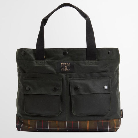 Barbour Field Waxed Tote Bag in Sage/Classic Tartan