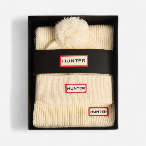 Hunter Women's Arrinay Ribbed Pom Beanie & Scarf Box Set in Antique White