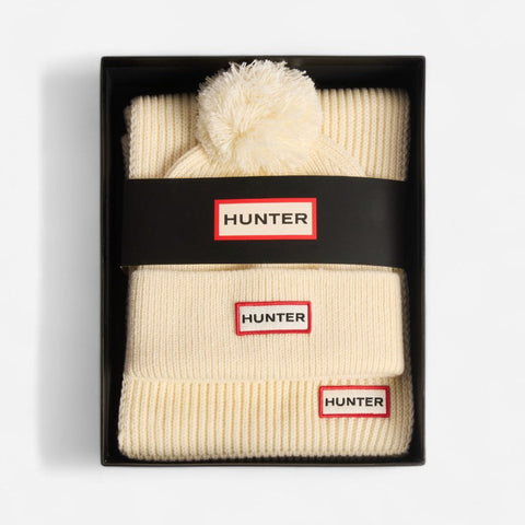 Hunter Women's Arrinay Ribbed Pom Beanie & Scarf Box Set in Antique White