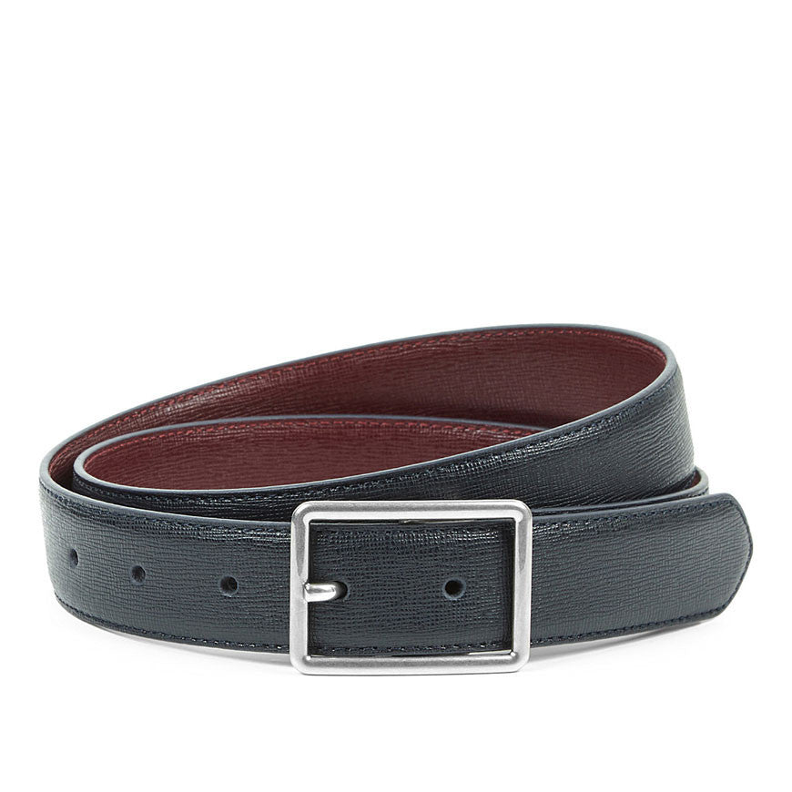 Reversible belt in dark brown saffiano and blue leather